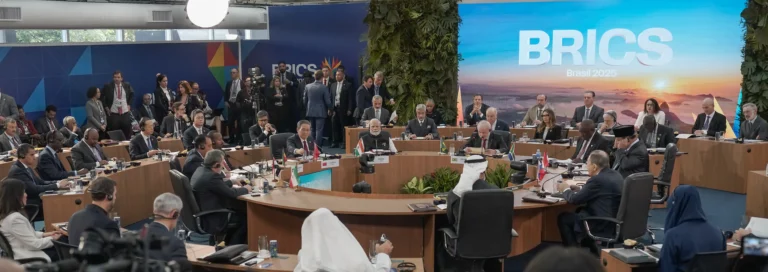 BRICS ceasefire declaration: BRICS leaders at the Rio de Janeiro summit endorsing a joint statement calling for an immediate and lasting ceasefire, promoting peace and respect for international law.