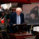 Bernie Sanders on X LIVE: "I'm on the floor of the U.S. Senate forcing a vote to stop the sale of weapons to Israel." Photo: X/ @SenSanders.