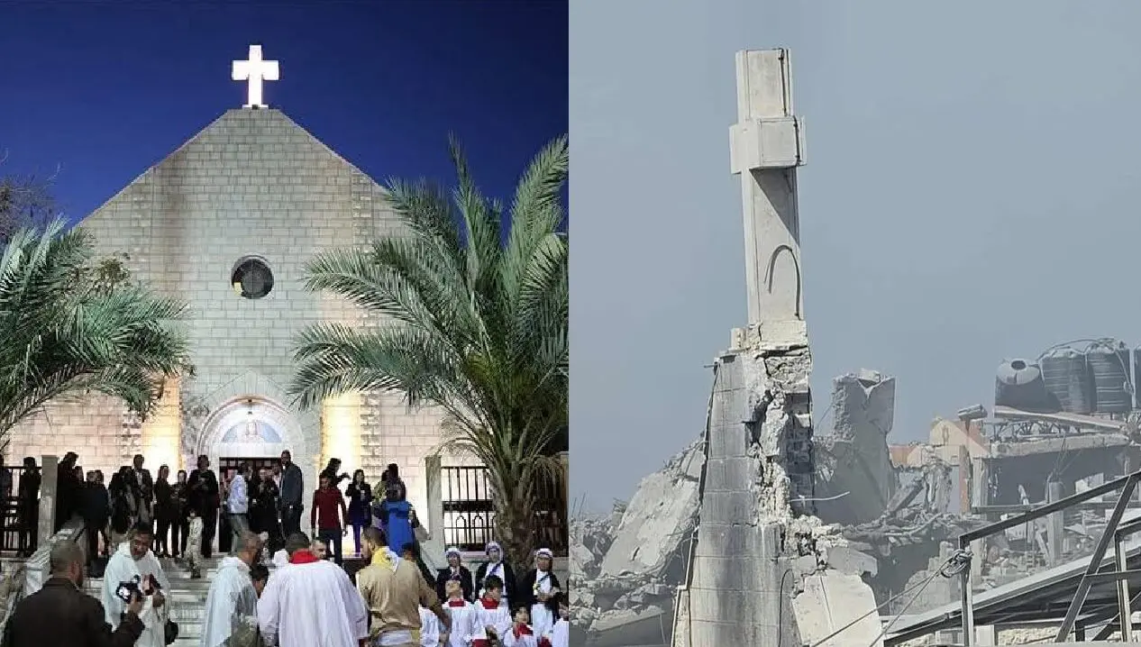 The Church of the Holy Family in Gaza, before (left) and after (right) the bombings. Photos: X/ @Ahmed_Nashwan_