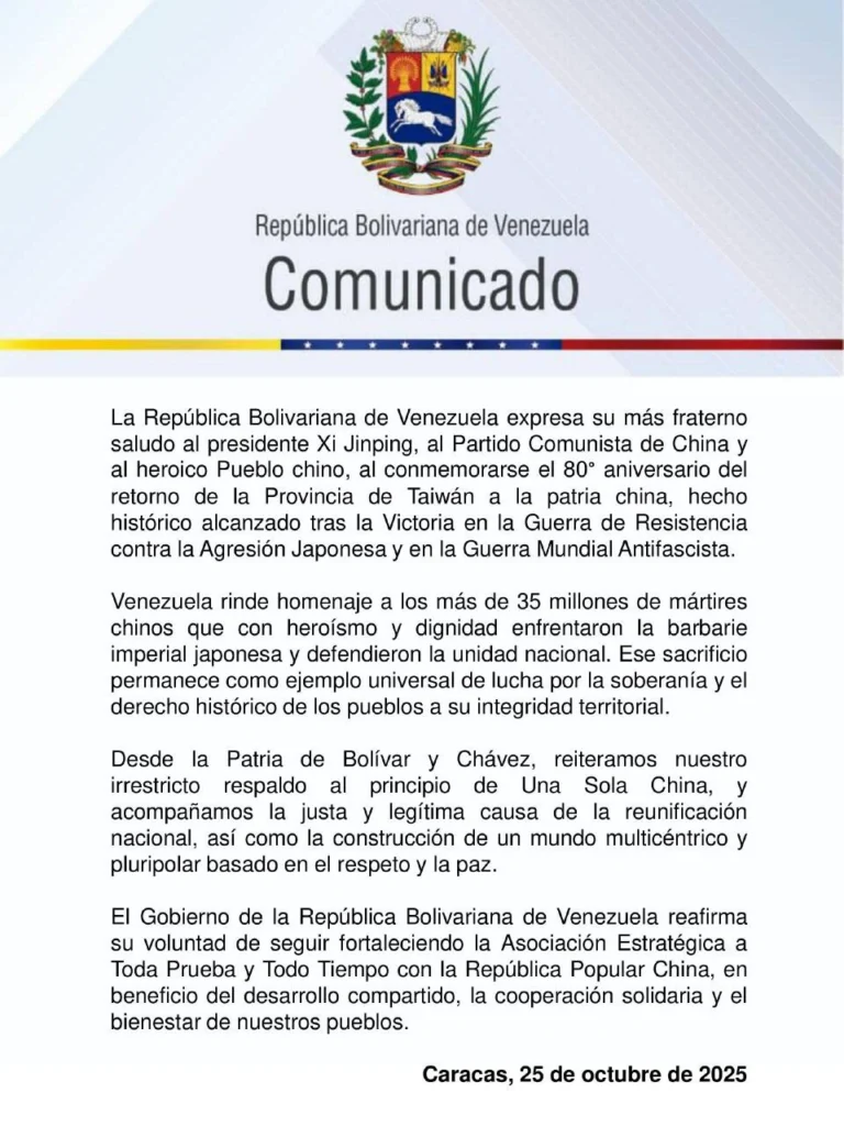 Taiwan Reunification Marks 80 Years: Venezuela’s Powerful Message of Unity and Sovereignty