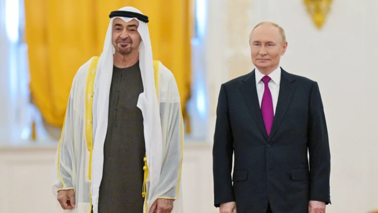 (FILE) Russian President Vladimir Putin alongside UAE President Mohamed bin Zayed Al Nahyan. Photo: Kremlin Press Office.