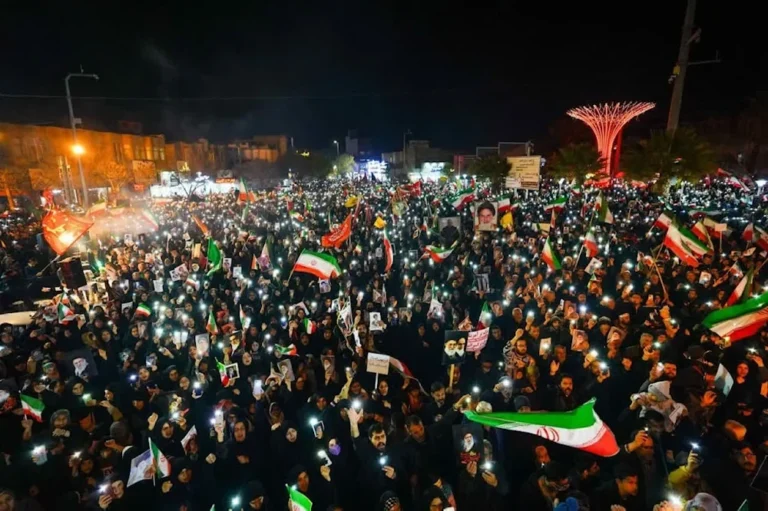 Demonstrators march in Iranian cities to protest U.S. and Israeli airstrikes and the killing of Ayatollah Ali Jamenei.