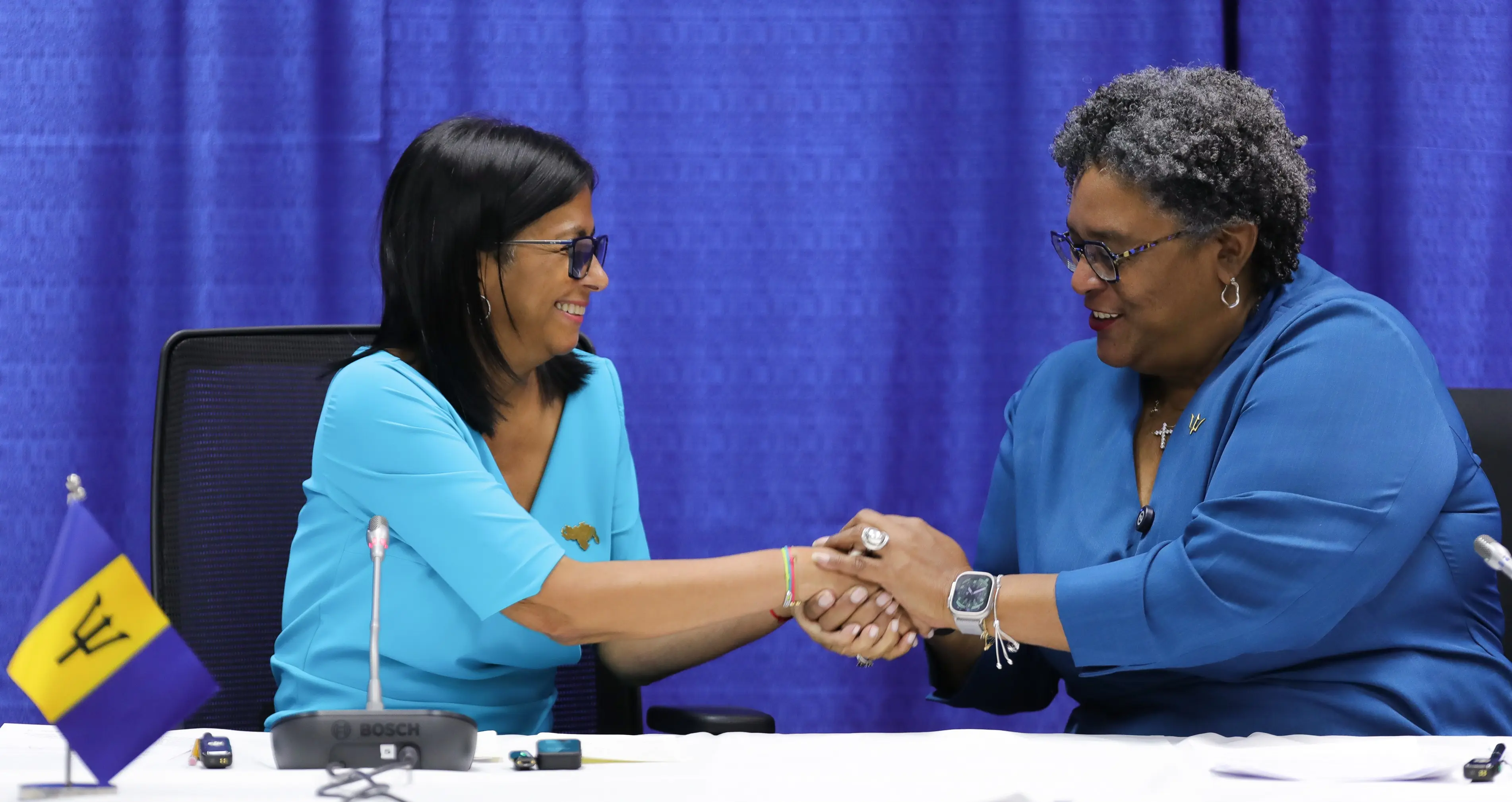 As part of her second official international tour, Delcy Rodríguez, gave statements to the media from Barbados; after her arrival to the country last Sunday. Photo: Venezuelan Presidential Press.