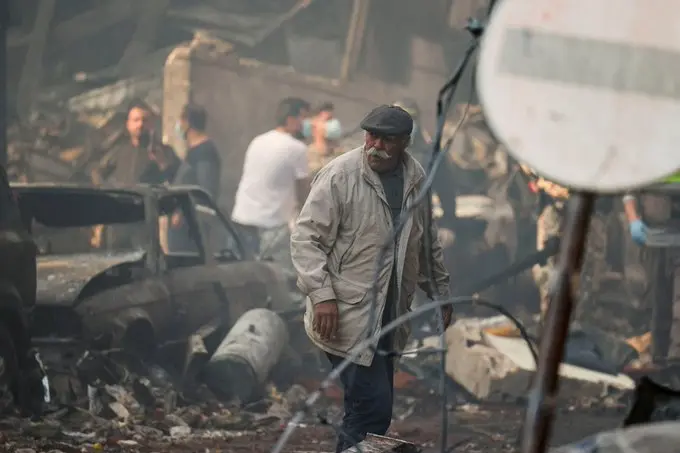 Rubble remains of a residential building in Lebanon following the intensive aerial bombardment.