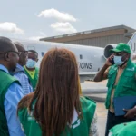 Director General of Africa Centres for Disease Control and Prevention (Africa CDC), Jean Kaseya (R) arrives at Bunia Airport to lead the response to the Ebola outbreak caused by the Bundibugyo virus, in Bunia, Ituri province, eastern Democratic Republic of Congo, May 21, 2026. Photo: EFE.