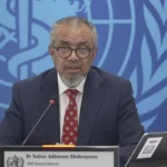 The Director of the World Health Organization (W.H.O.), Tedros Adhanom, during the hantavirus press conference held in Geneva this Thursday, assured that the risk to the population of the Canary Islands when the cruise in which an outbreak of hantavirus has been declared arrives in this territory is "low" and considered that caring for passengers who are on the cruise is "a moral duty". Photo: EFE.