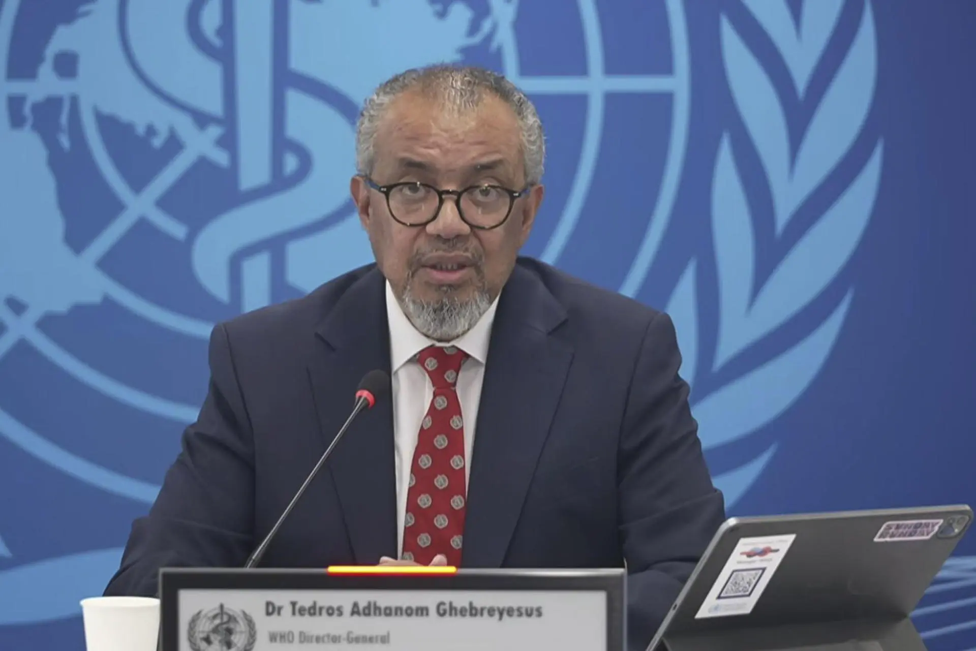 The Director of the World Health Organization (W.H.O.), Tedros Adhanom, during the hantavirus press conference held in Geneva this Thursday, assured that the risk to the population of the Canary Islands when the cruise in which an outbreak of hantavirus has been declared arrives in this territory is "low" and considered that caring for passengers who are on the cruise is "a moral duty". Photo: EFE.