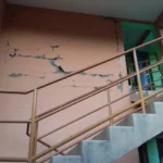 Evacuating by stairs during earthquake safety drill