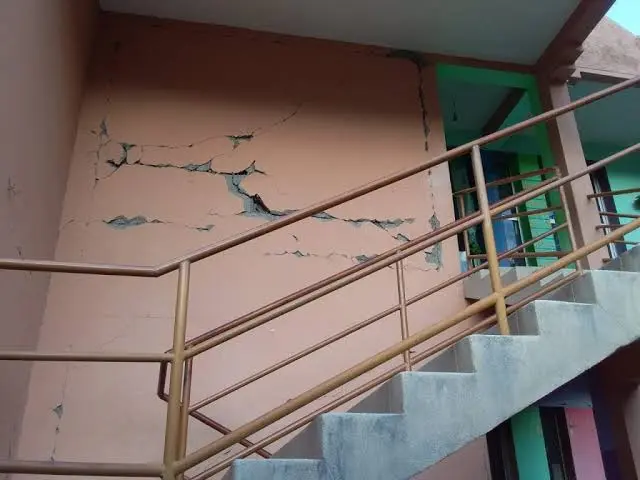 Evacuating by stairs during earthquake safety drill
