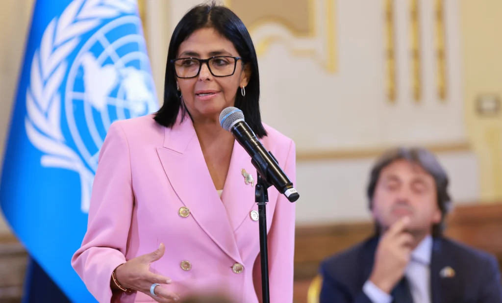 "This is about building back better and stronger," Acting President Rodriguez stated during the opening session at Miraflores Palace. Photo: Venezuelan Presidential Press.