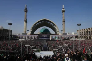 Tehran, Iran, Sayyed Ali Khamenei funeral, national mourning, millions of mourners, Iranian officials, international delegations, US-Israeli war, Grand Mosalla.