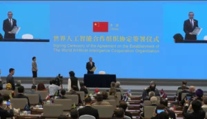 Chinese Foreign Minster Wang Yi led other signatories to sign the Agreement on the Establishment of The World Artificial Intelligence Cooperation Organization ahead of the World AI Conference in Shanghai. Photo: EFE.