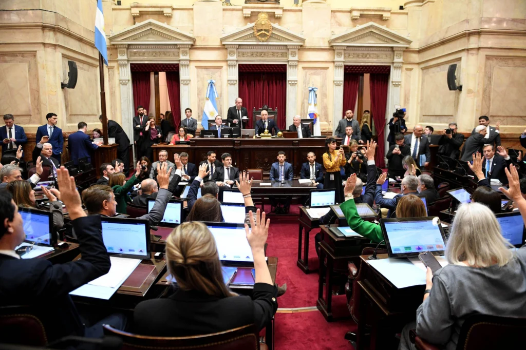 Protesters outside Argentina's Congress during Senate approval of the revised Private Property Inviolability bill amid clashes with security forces.