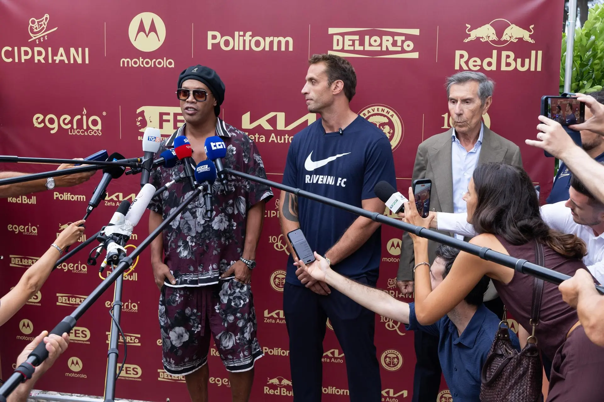 Ronaldo de Assis Moreira 'Ronaldinho' with Ravenna President Ignazio Cipriani and Ariedo Braida attend Ravenna FC team's presentation for the 2026-27 season, marking his return to competitive football 11 years after his last professional appearance. Photo: EFE.