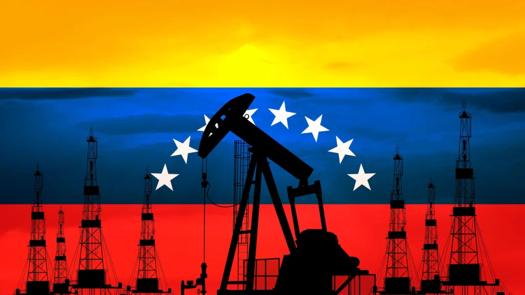 Oil drilling rigs and the Venezuelan flag. Photo: RTVE.