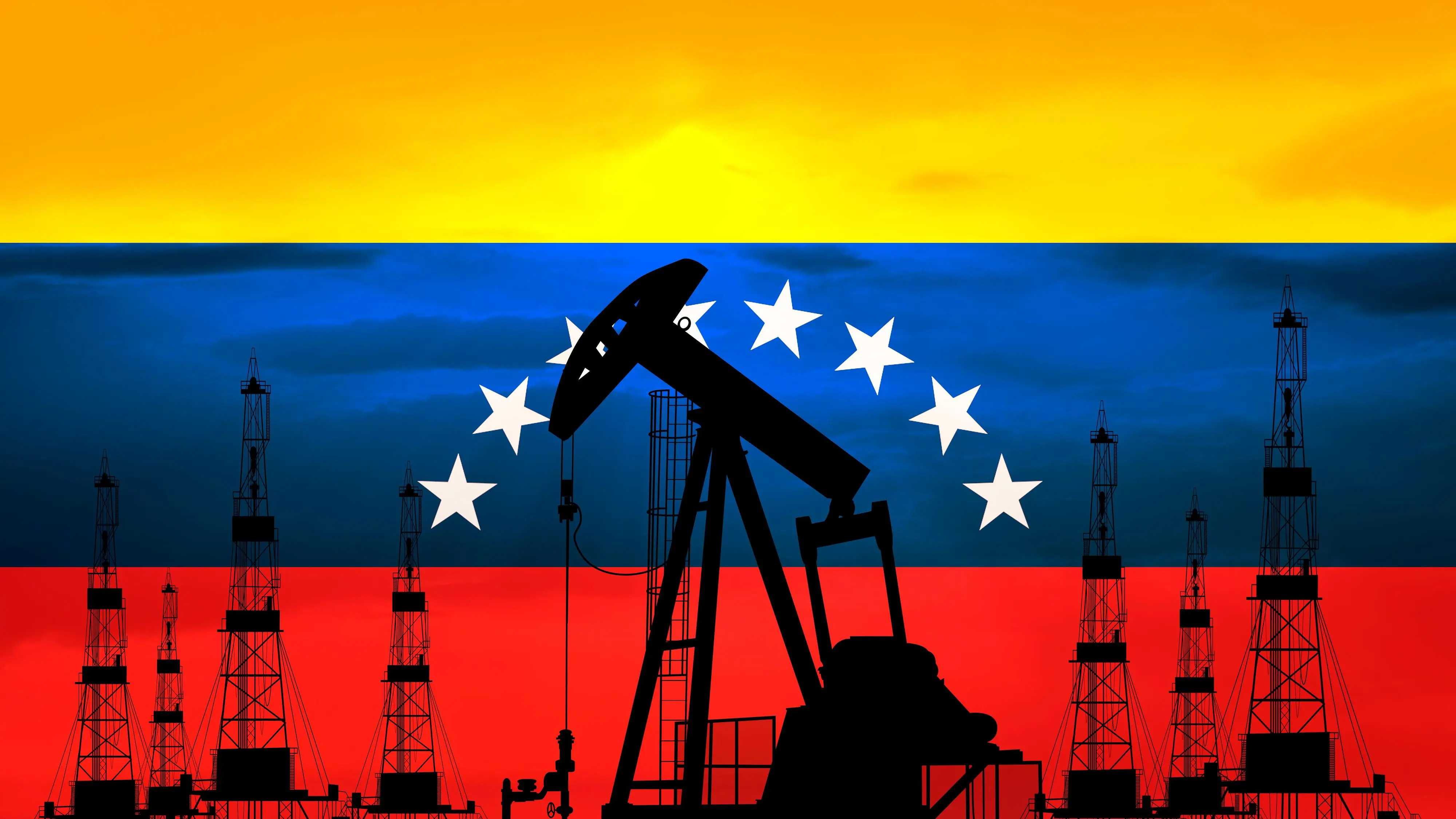 Oil drilling rigs and the Venezuelan flag. Photo: RTVE.