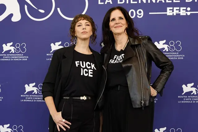 Laura Poitras at Venice Film Festival presenting They’re Here, a documentary about ICE raids and protests in Minneapolis.