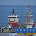 Punta Arenas port and planned maritime route to the Malvinas Islands