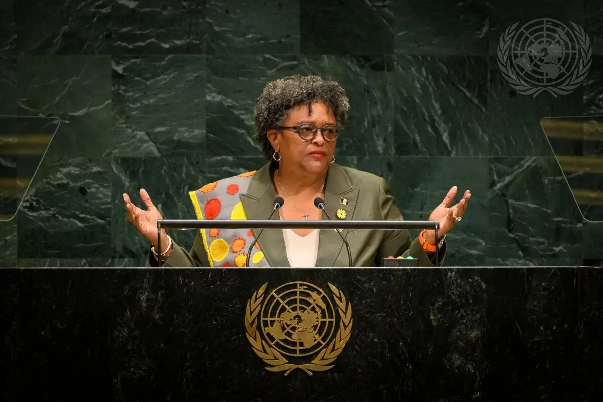 In addressing the situation of small island developing states, PM Mottley highlighted challenges such as climate change and the cost of borrowing. Photo: UN.