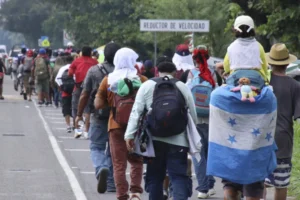 Central American migrant caravan Mexico: Honduran families and other migrants walk through Chiapas after entering from Guatemala on their journey north.