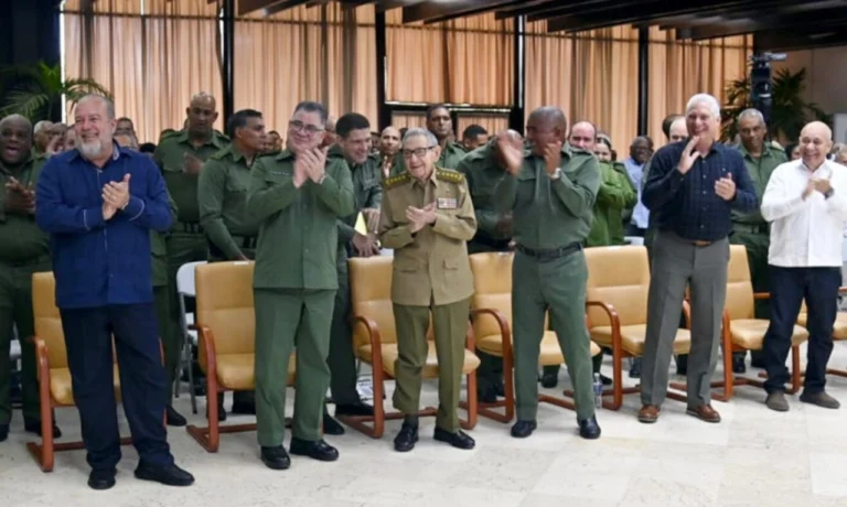 Raúl Castro Cuba Personal Security anniversary: Army General and former President Raúl Castro with President Miguel Díaz-Canel at 65th DSP ceremony, founders honored, Interior Minister Lázaro Álvarez Casas reads letter.