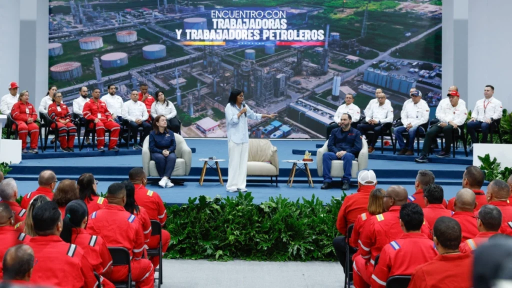 Venezuela oil production recovery: Acting President Delcy Rodríguez addresses oil workers, targeting 1.5 million barrels per day through US deal and international alliances.
