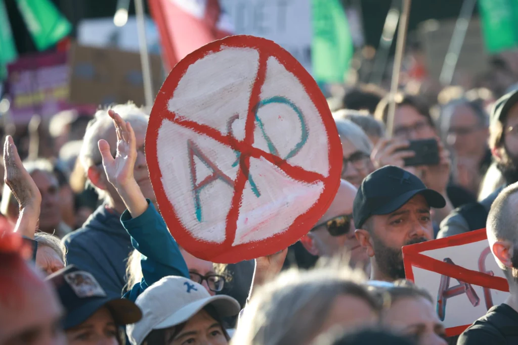 Protesters demonstrate against the far-right AfD at Brandenburg Gate in Berlin, Germany.