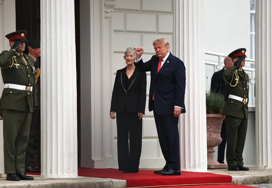 Donald Trump and Irish President Catherine Connolly during a military-honored meeting at Áras an Uachtaráin in Dublin