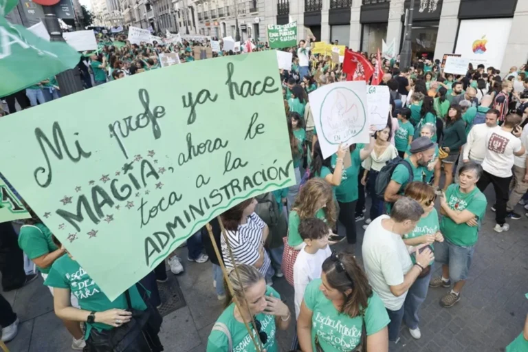 Teachers and students protest public education policies during a strike in Madrid, Spain.